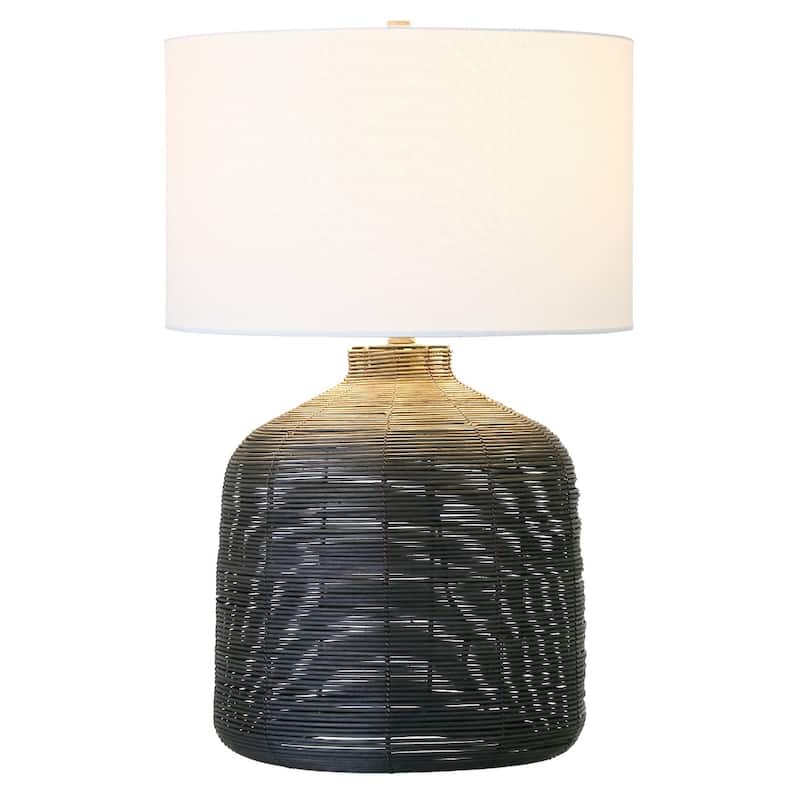 27" Coastal Rattan Table Lamp with Linen White Drum Shade and Included 72" Cord for Bedroom or Living Room