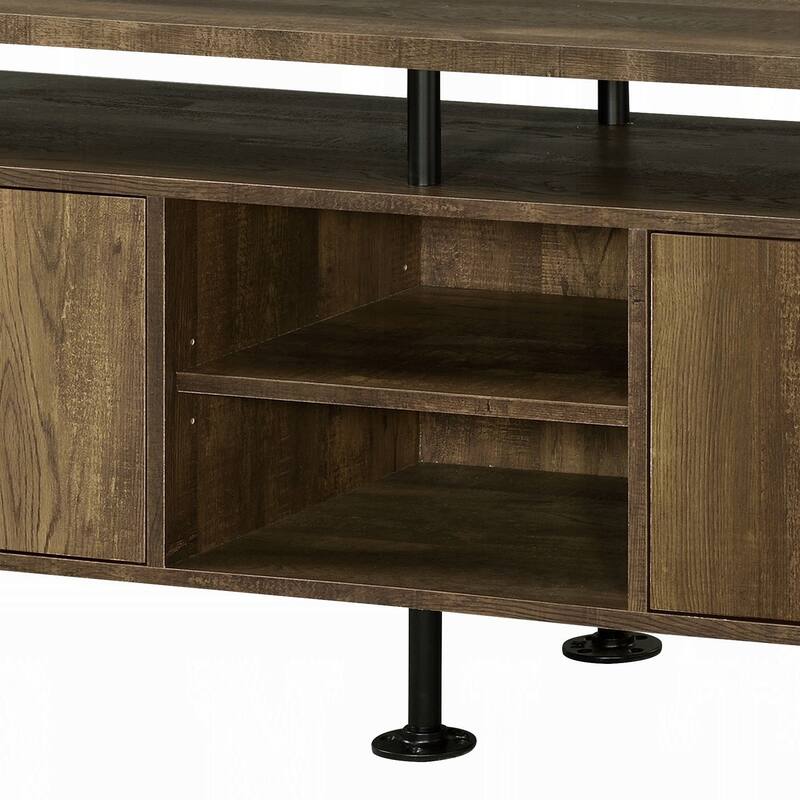 2-Shelf Oak and Black TV Stand with 4 Open Compartments, Industrial Water Pipe Style for TVs up to 60"