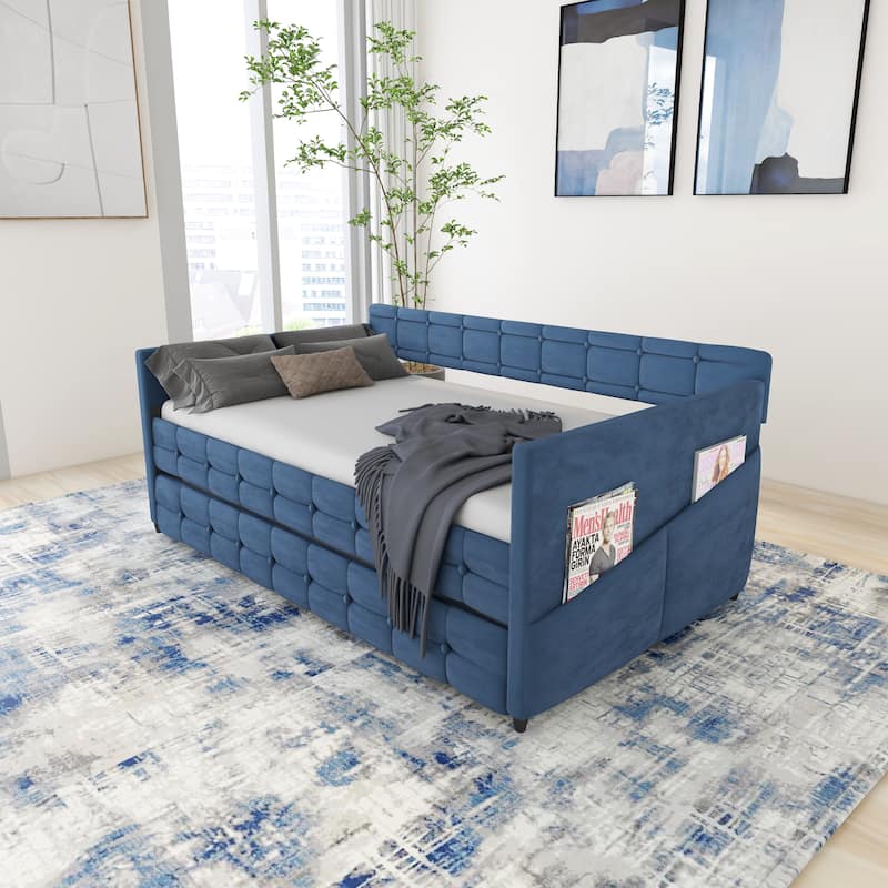 Daybed with Trundle, Velvet Upholstered Twin Size Day Bed Pull-Point Sofa Daybed Frame w/Twin Trundle, No Box Spring Needed,Blue - Blue - Twin