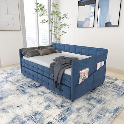 Daybed with Trundle, Velvet Upholstered Twin Size Day Bed Pull-Point Sofa Daybed Frame w/Twin Trundle, No Box Spring Needed,Blue