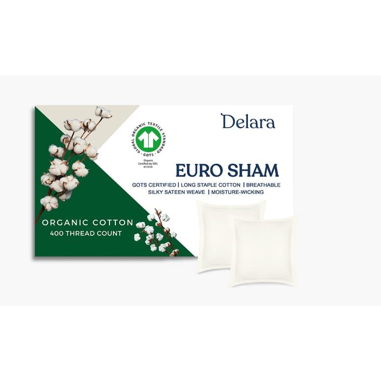 Delara GOTS Certified 100% Organic Cotton Euro Sham, 400 TC Long Staple Cotton,Ultra Soft, Moisture-Wicking, Smooth & Breathable