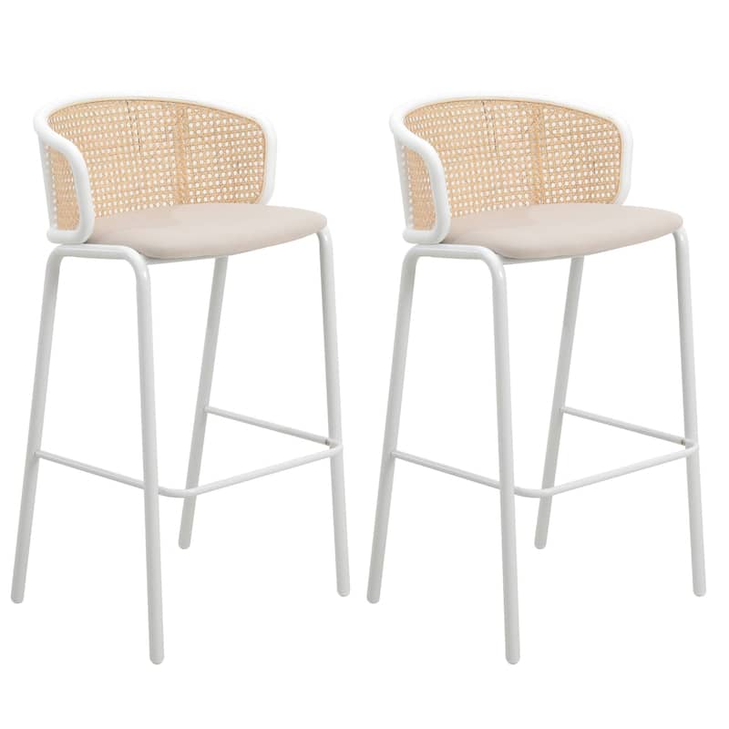 LeisureMod Ervilla Bar Stool with White Powder Coated Steel Frame Set of 2 - 37" - Beige