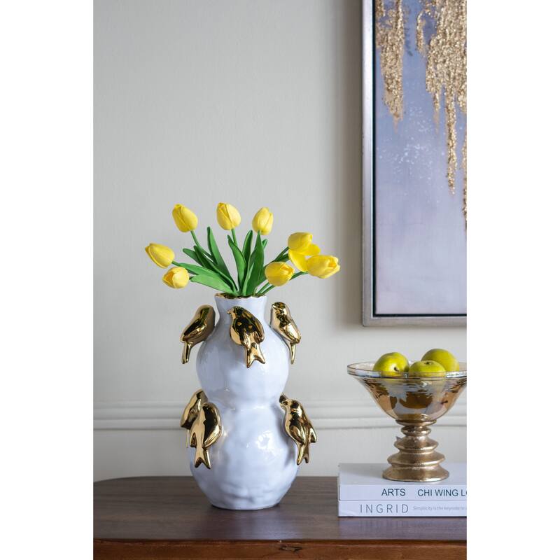 8.5x8.5x14" White Two-Tiered Ceramic Vase with Gold Bird Accents