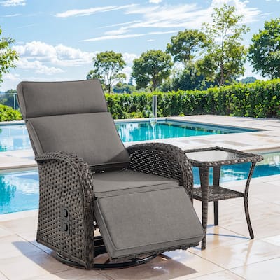 Pocassy Outdoor Brown Wicker Chaise Lounge Chair with Side Table Grey Cushion