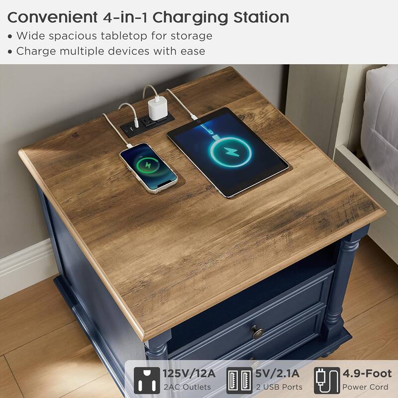 Farmhouse Nightstand Set of 2 with Solid Wood Feet, Charging Station