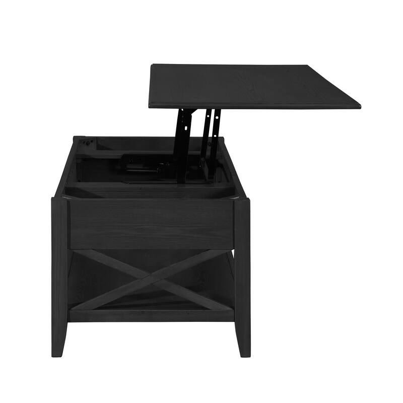 Roomfitters Modern Lift Top Coffee Table with Hidden Storage and Bottom Shelf, Wood Farmhouse Center Cocktail Table, Black
