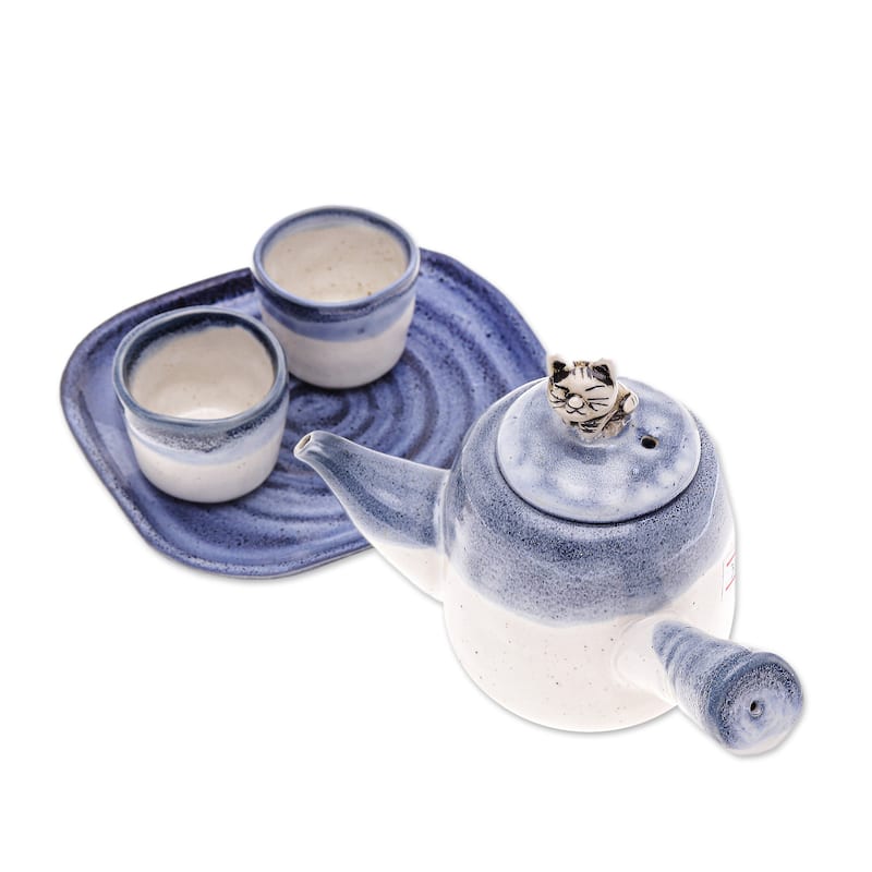 Novica Handmade Cozy Meows Ceramic Tea Set
