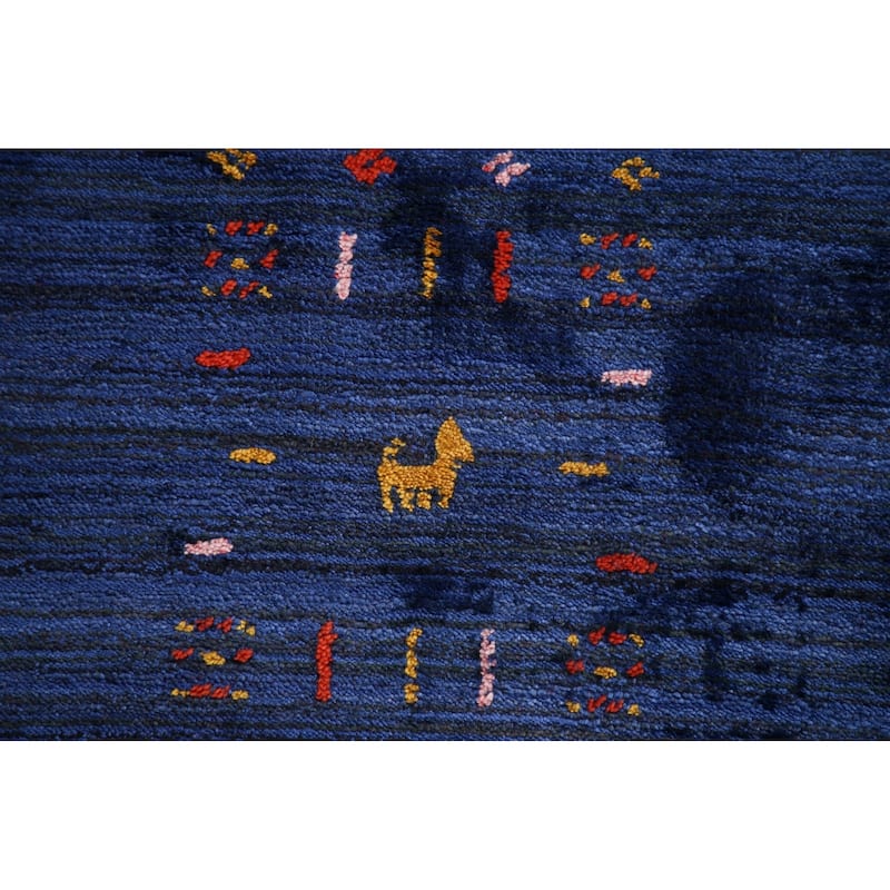 Blue Striped Gabbeh Oriental Area Rug Handmade Silk Carpet - 7'8"x 9'7"