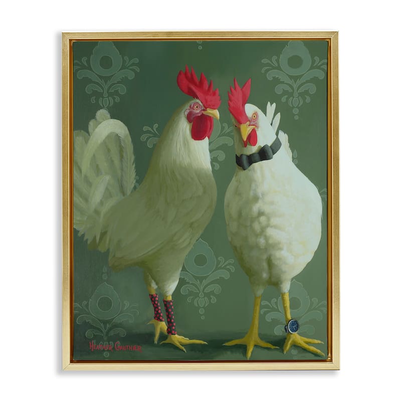 Stupell Stylish Roosters Pair Framed Floater Canvas Wall Art Design By Heather Gauthier - 25 x 31 - Gold