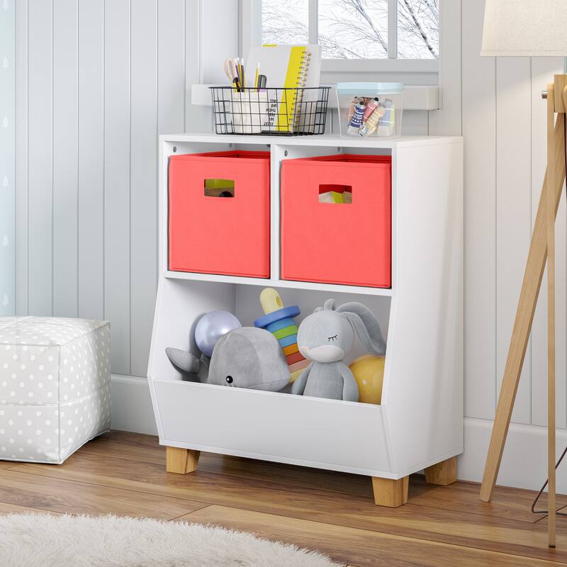 RiverRidge Kids Catch-All 24in Toy Storage Organizer with 2 Cubbies and 2 Storage Compartments - with Optional Bins - White with 2 Coral Bins
