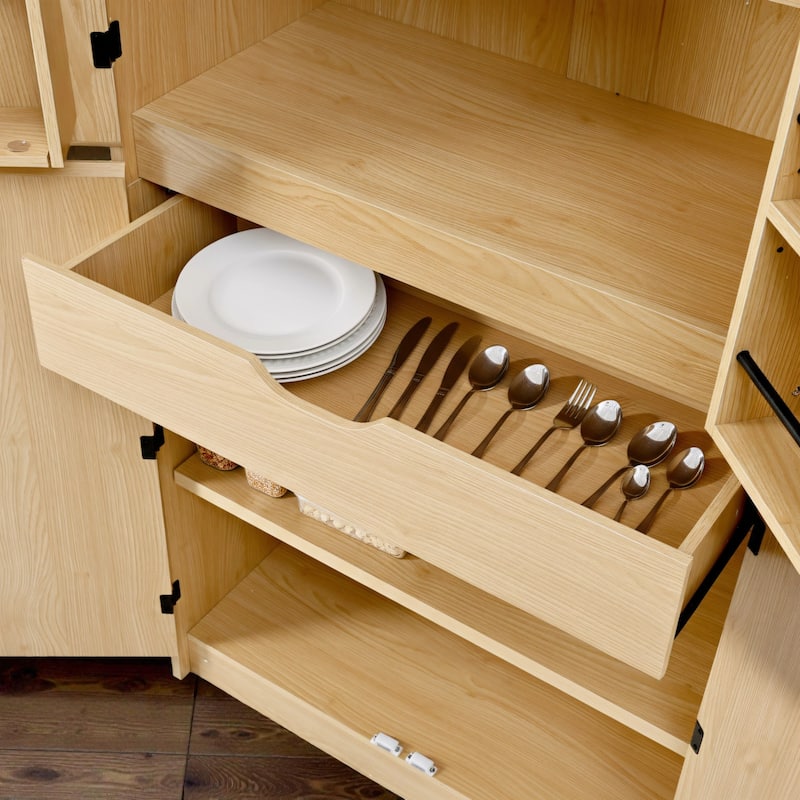 72" Tall Curved Pantry Cabinet with Adjustable Shelves, 8 Door Racks and Hidden Drawer, Farmhouse Storage Cupboard for Kitchen