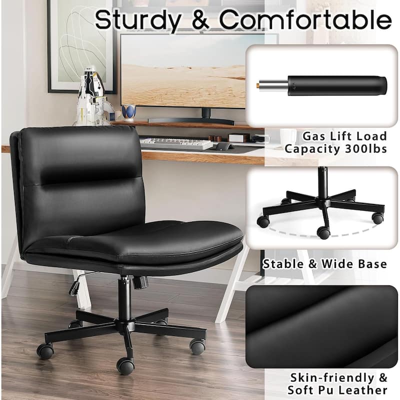 Bossin Criss Cross Chair with Wheels,PU Leather Armless Cross Legged Office chair, Adjustable Wide Seat Task Vanity Chair