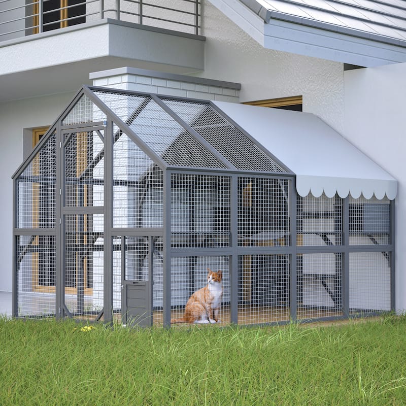 Extra Spacious Outdoor Catio - 110" Luxury Cat Haven with Roof, Ramp, Pod Bed & Lounging Huts