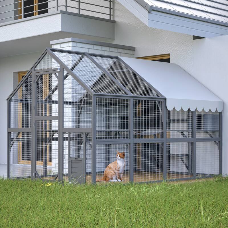 Large Catio Outdoor Cat Enclosure, Outside Cattery with Weatherproof Roof, Cat Scratcher Ramp & Cat Space Capsule Bed