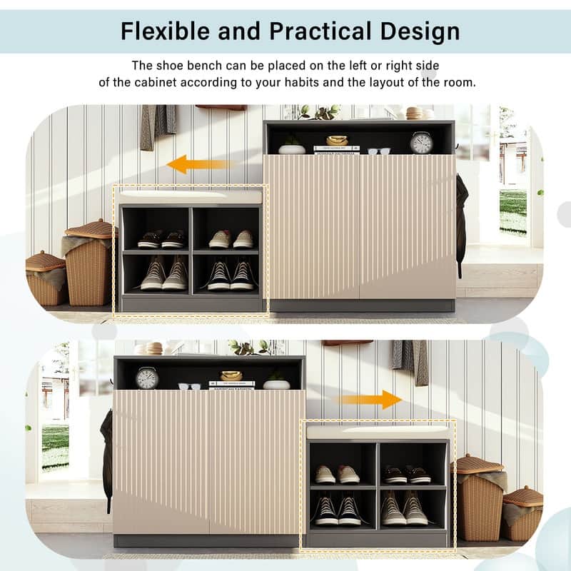 Entryway Bench Cabinet With Cushion, 2 Doors and 3-Tier Adjustable Shelves for Entryway Organization