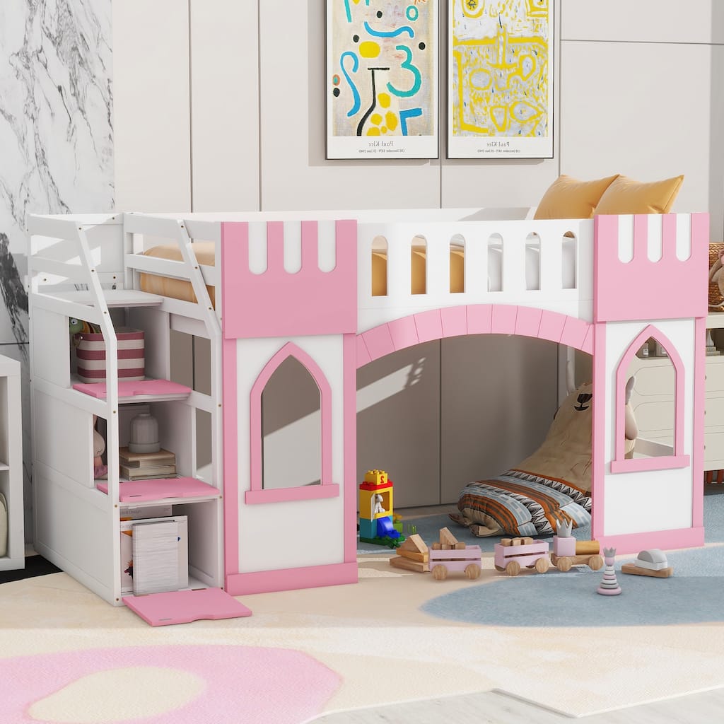 Pink Twin Size Loft Bed with Storage Staircase and Window