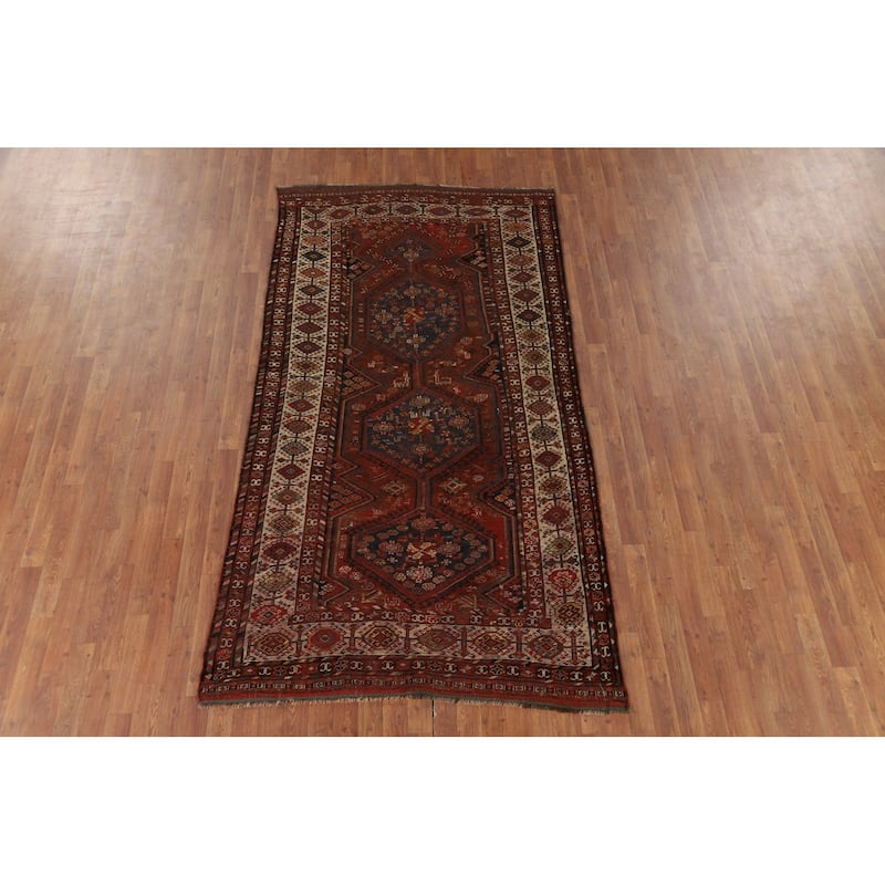 Pre-1900 Antique Vegetable Dye Qashqai Persian Orange Wool Carpet - 4'7" x 8'7"