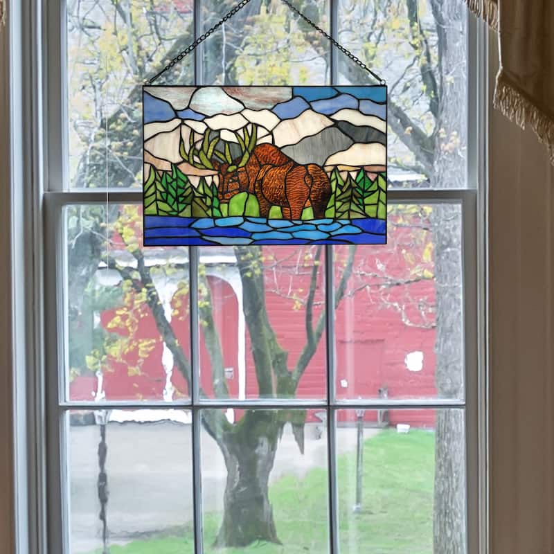 River of Goods Mountainscape Moose River of Goods Brown, Blue and Green Stained Glass Window Panel - 18.25" x 0.25" x 12"