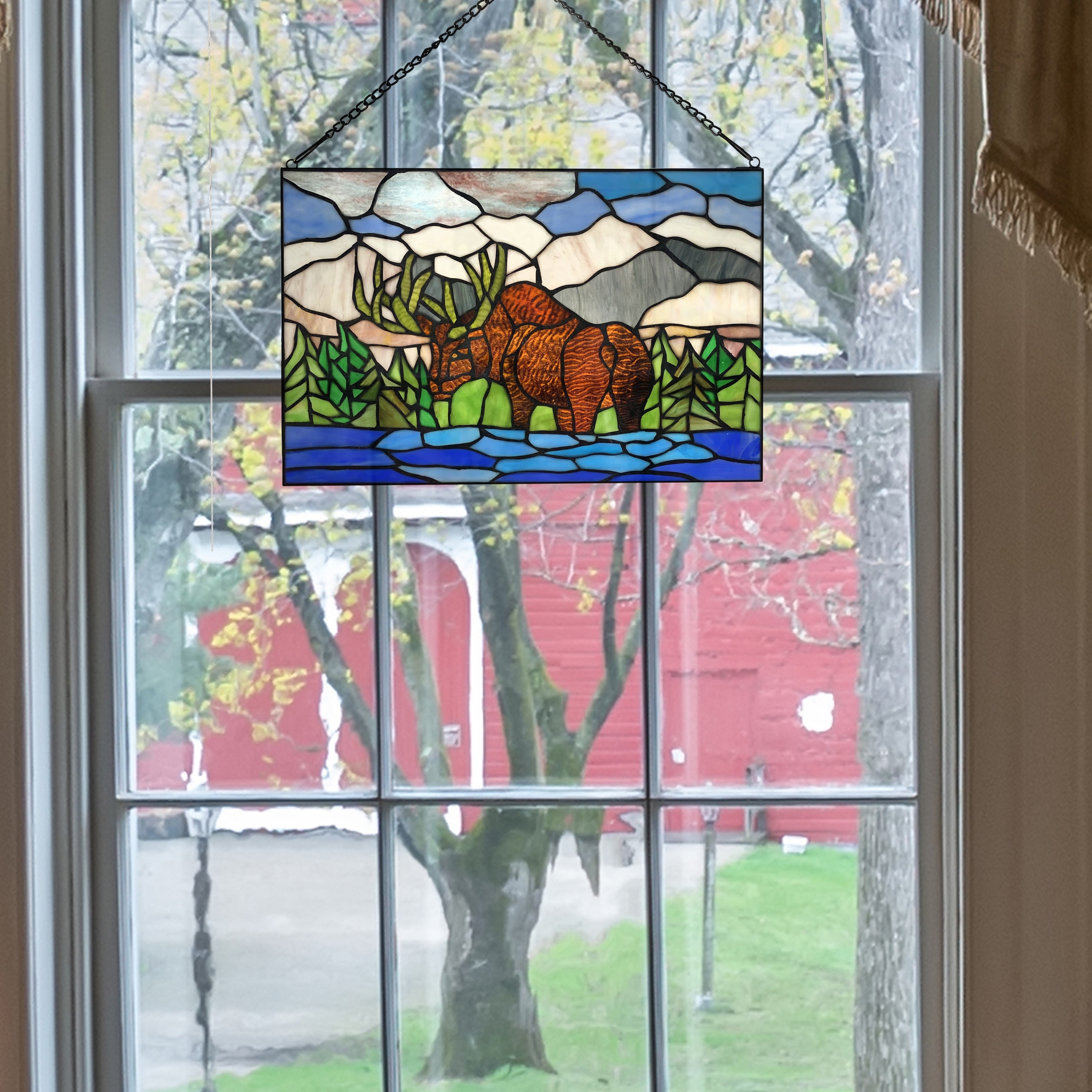 River of Goods Mountainscape Moose Brown, Blue and Green Tiffany-Style Stained Glass Window Panel - 18.25" x 0.25" x 12"