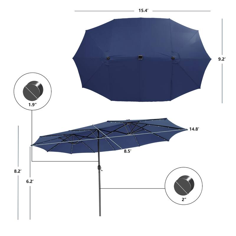 Costway 15FT Twin Patio Double-Sided Umbrella 48 Solar LED Lights - 15.4' x 9.2' x 8'