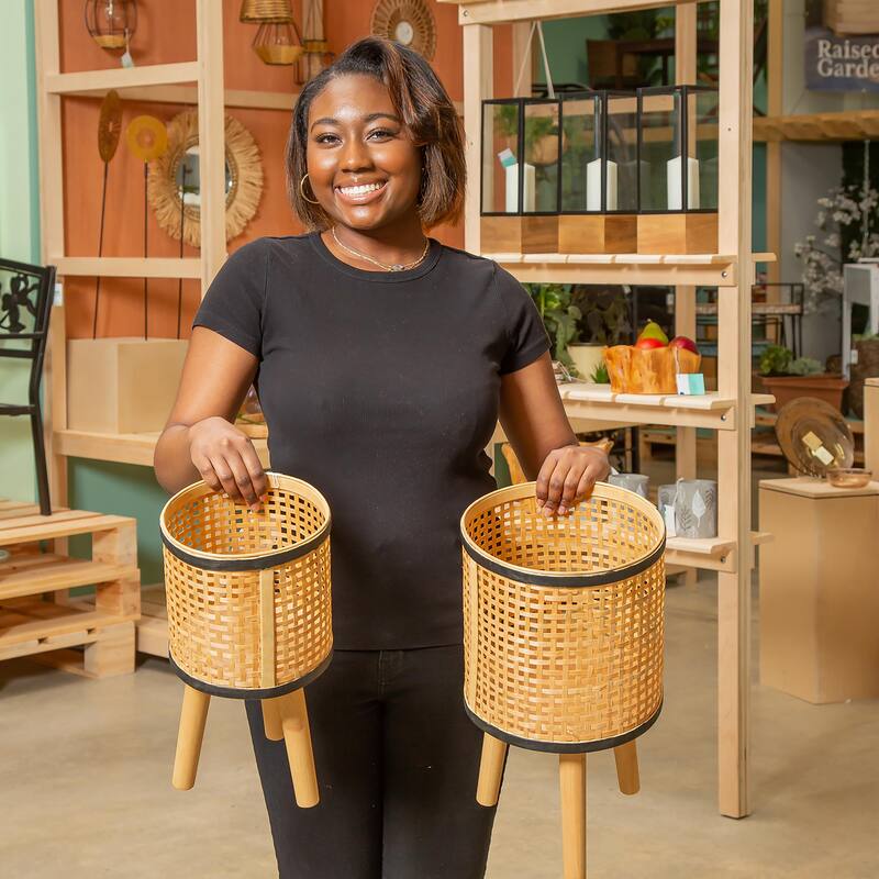 23" Wood, Woven Bamboo and Plywood Planter with Legs, Set of 2