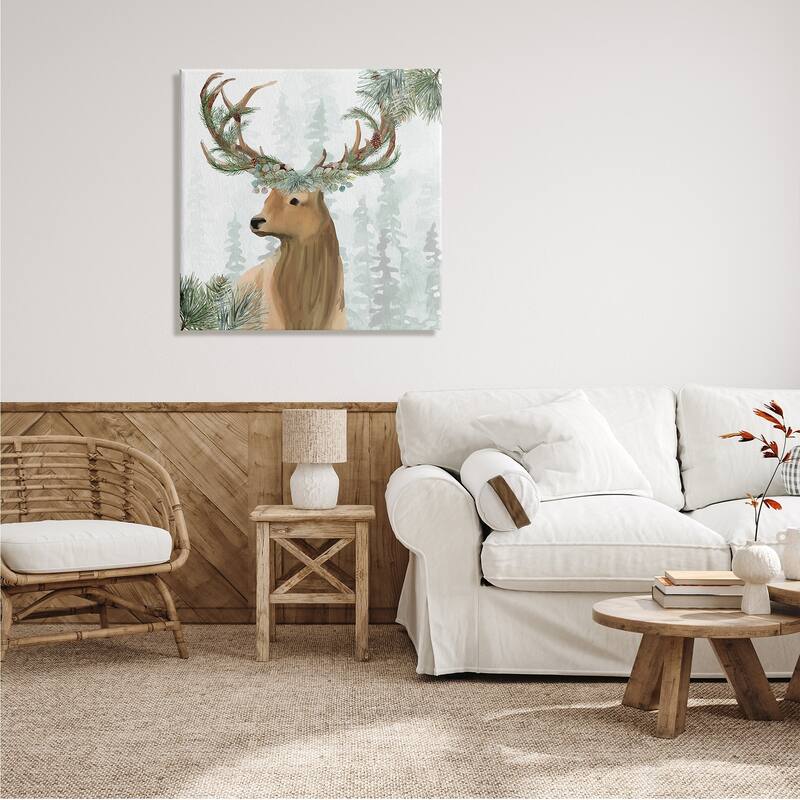 Stupell Winter Forest Elk Festive Pine Antlers Woodland Trees Canvas Wall Art - Green
