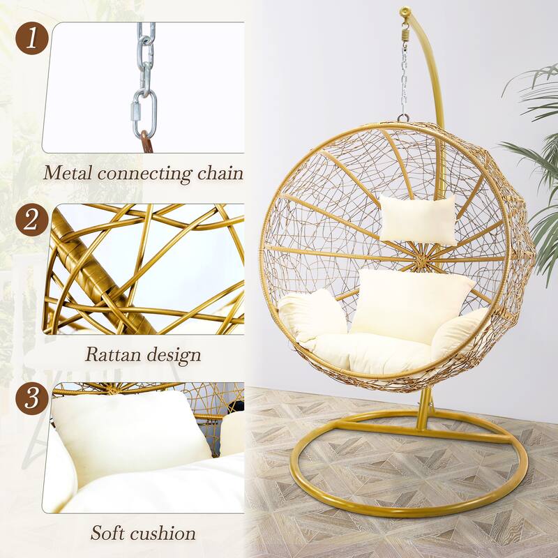 Modern Outdoor Gold Wicker Double Hanging Egg Swing Chair