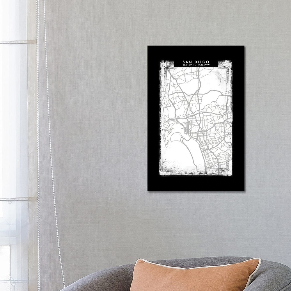 iCanvas "San Diego City Map Black White Grey Style" by WallDecorAddict Canvas Print