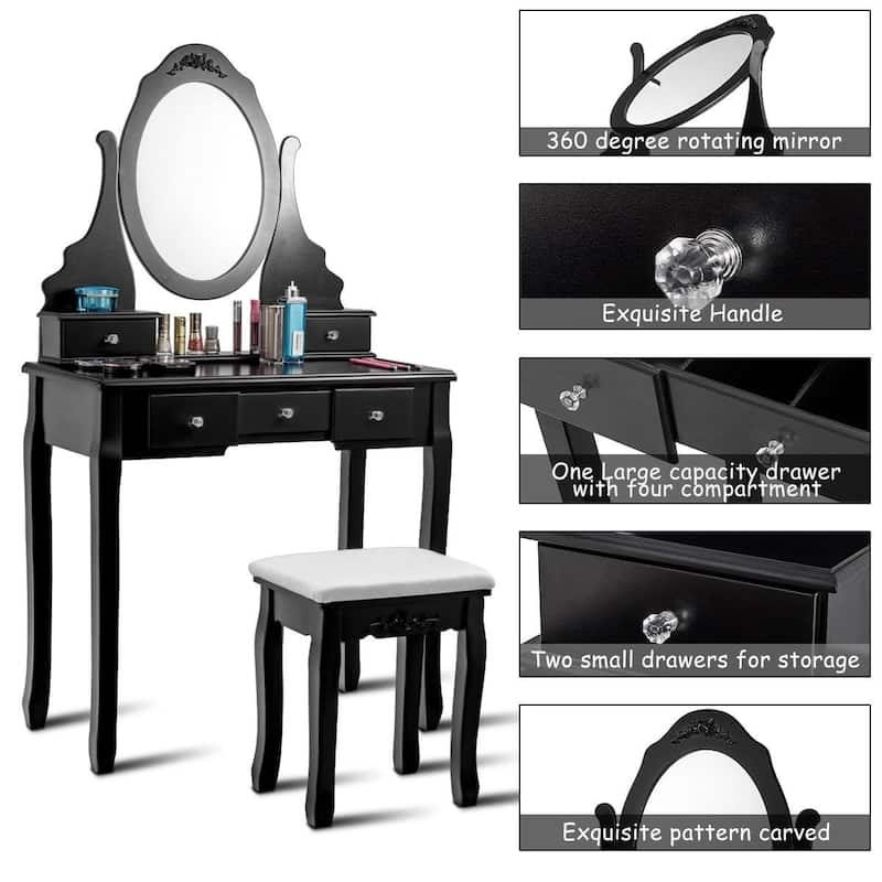 Wooden Vanity Set with 360-deg Rotating Oval Mirror and Cushioned Stool-Black - 31.3" x 15.7" x 55.9" (L x W x H)