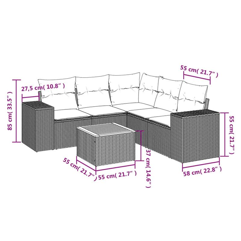 vidaXL 6 Piece Patio Sofa Set with Cushions Black Poly Rattan - 24.4 x 24.4 x 27.2
