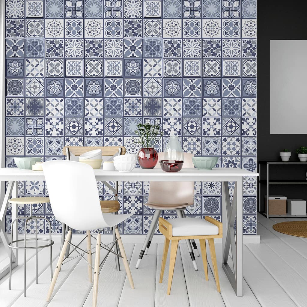 Walplus Lisbon Blue Tile Stickers Peel and Stick Wall Sticker Decal 12pcs 8"x8"