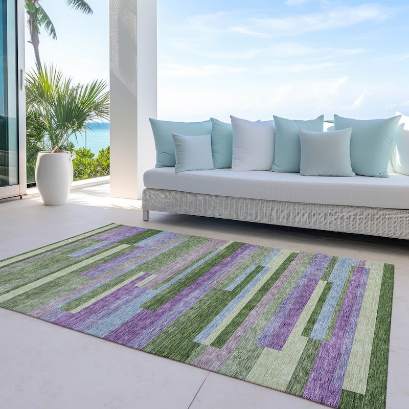Machine Washable Indoor/ Outdoor Modern Stripes Chantille Rug - Cactus - 8' x 10'
