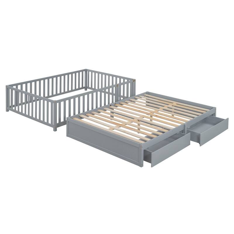 Wood Daybed with Fence Guardrails and 2 Drawers,Split into Independent Floor Bed & Daybed