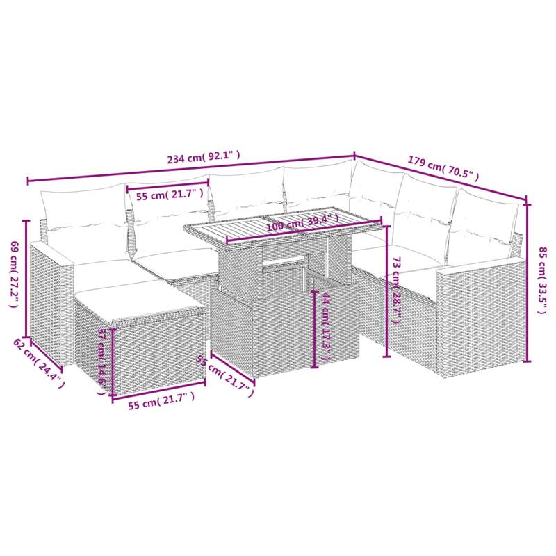vidaXL Patio Sofa Set with Cushions Outdoor Furniture 8 Piece Poly Rattan - 21.7 x 39.4 x 28.7
