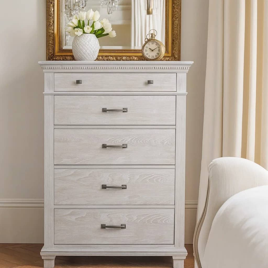 Leyne Tall Dresser Chest, 5 Drawers, Farmhouse Weathered Gray Solid Wood