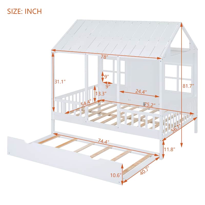 Full Over Twin/Twin Over Twin Wood House Bed, Wooden Bunk Bed with Trundle and Guard Rail for Bedroom