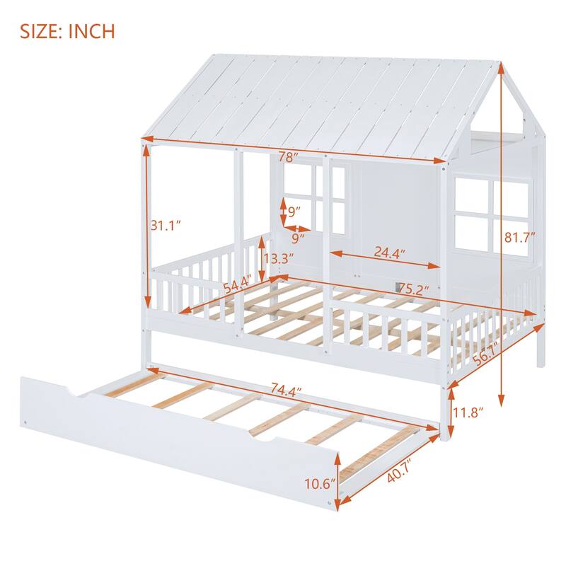 House Platform Bed With Twin Trundle, Wooden Daybed Frame with Rails, Roof and Windows, for Kids Girls Boys