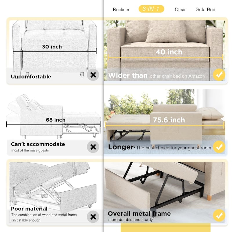 AECOJOY Adjustable Sleeper Chair Bed 3-in-1 Convertible Futon Sofa