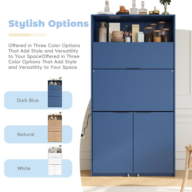 Compact Kitchen Pantry Storage Cabinet, 69" H Buffet Sideboard Server Table with Drop-Down Workstation & Power Outlet