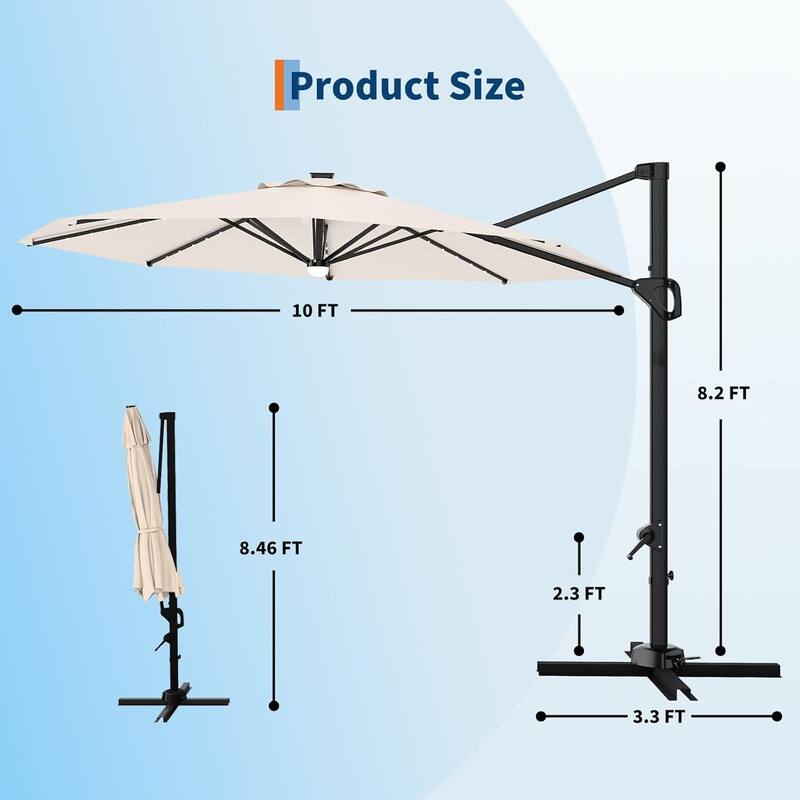 10FT Cantilever Patio Umbrella with Solar Lights, 360° Rotation Offset Umbrella