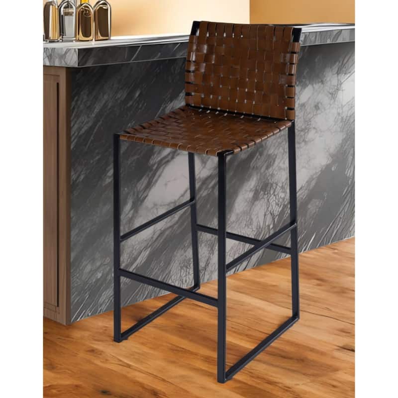 Brown Leather Tall Bar Stool with Full Back, Black Iron Frame and Footrest - Brown42"