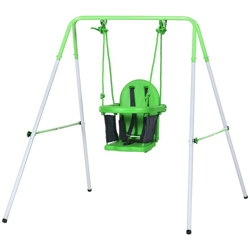 Green Steel and PE Kids Swing Set with Safety Belt and Anti-Slip Pads - 57.5" L x 48" W x 48" H