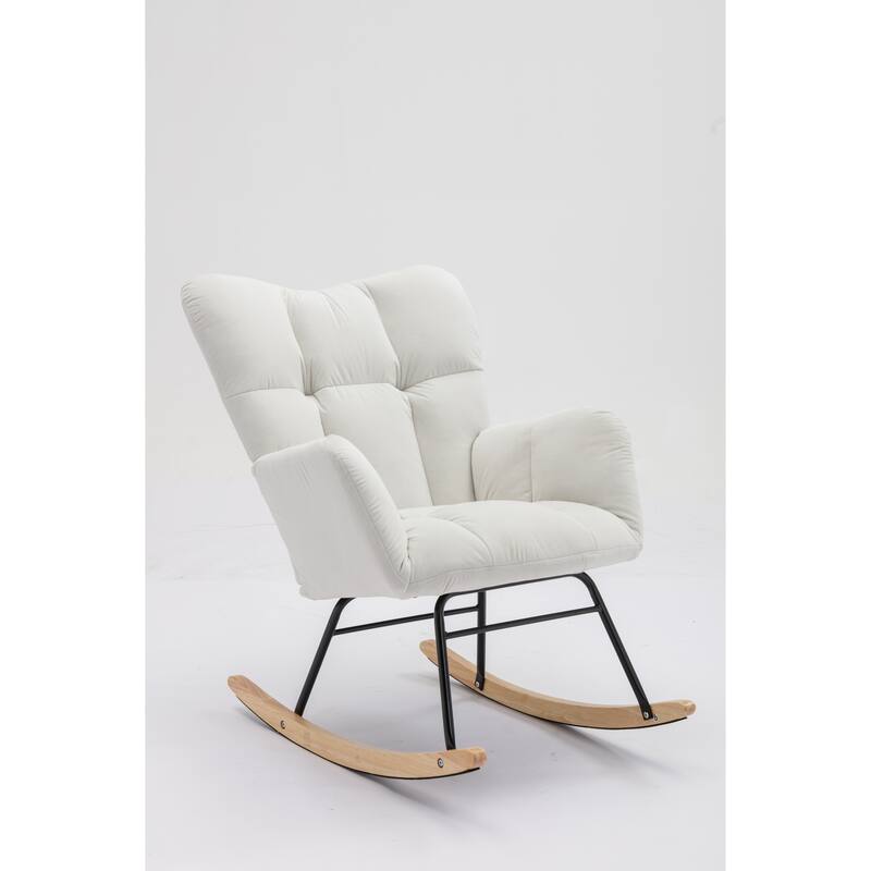 Modern 31.5" High Back Upholstered Buttons Tufted Rocking Chair with Solid Wood Legs and Black Paint Metal Base