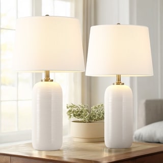 Bianco 3-Way White Ceramic Table Lamp Set of 2 with White Shade