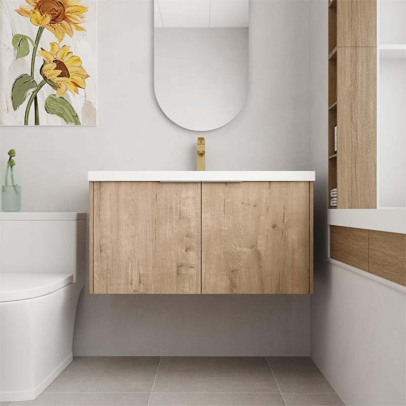 Beingnext 24"/30"/36" Bathroom Vanity with Sink, Floating Bathroom Vanity with 2 Soft Close Doors - 35.4"W x 18.1"D - Imitative Oak