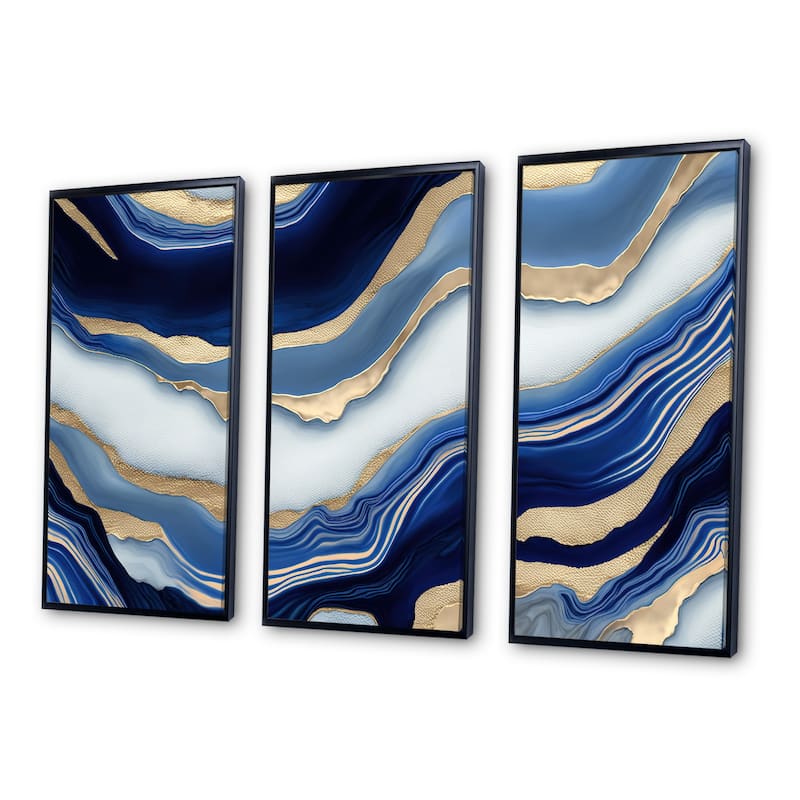 Designart "Vibrant Blue And Gold Flow Art III" Transitional Framed Canvas Art Print - 3 Panels