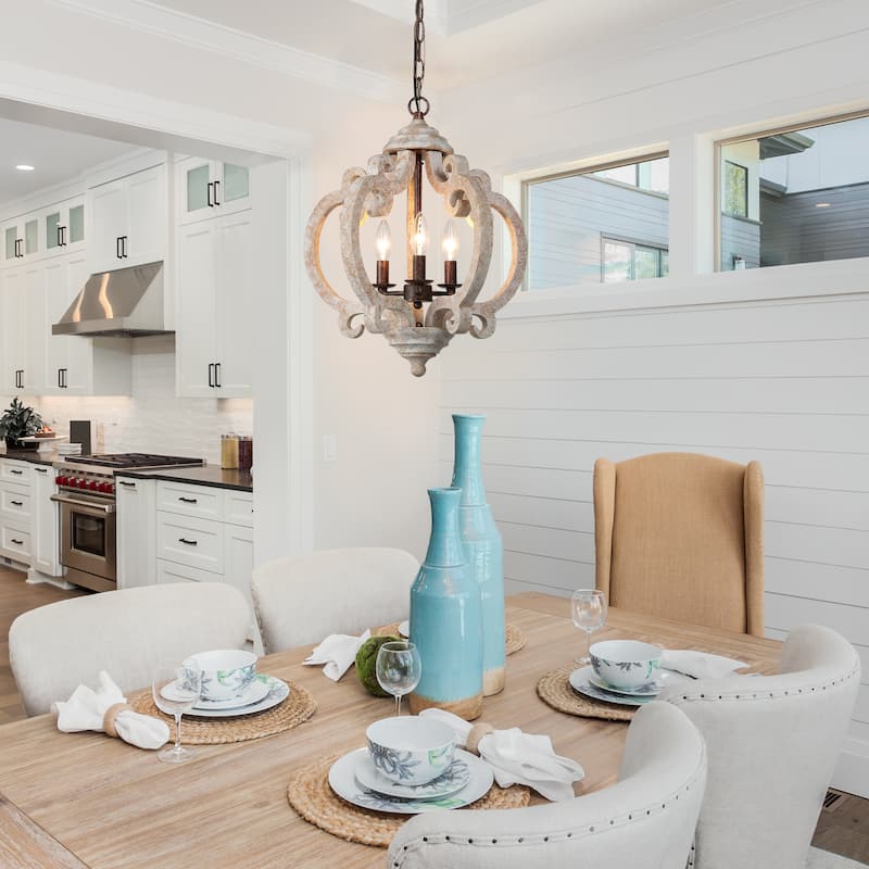 French Country Wood 3-Light Crown Distressed Off-white Chandelier for Dining Room - White Wood - D15.5"x H 19"