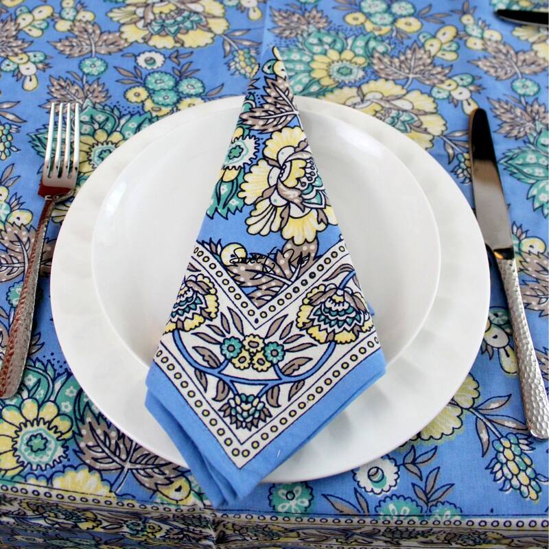 Luxuriant Floral Cotton French Country Tablecloth Collection - Set of 4 Napkins - Blue