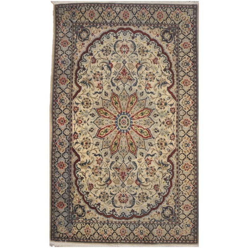 Small Oriental Rug, Small Carpet, Made of Wool, Hand Knotted, Red, Blue,  Beige, Brown and More Accents, 1960s Mid Century Modern Style 