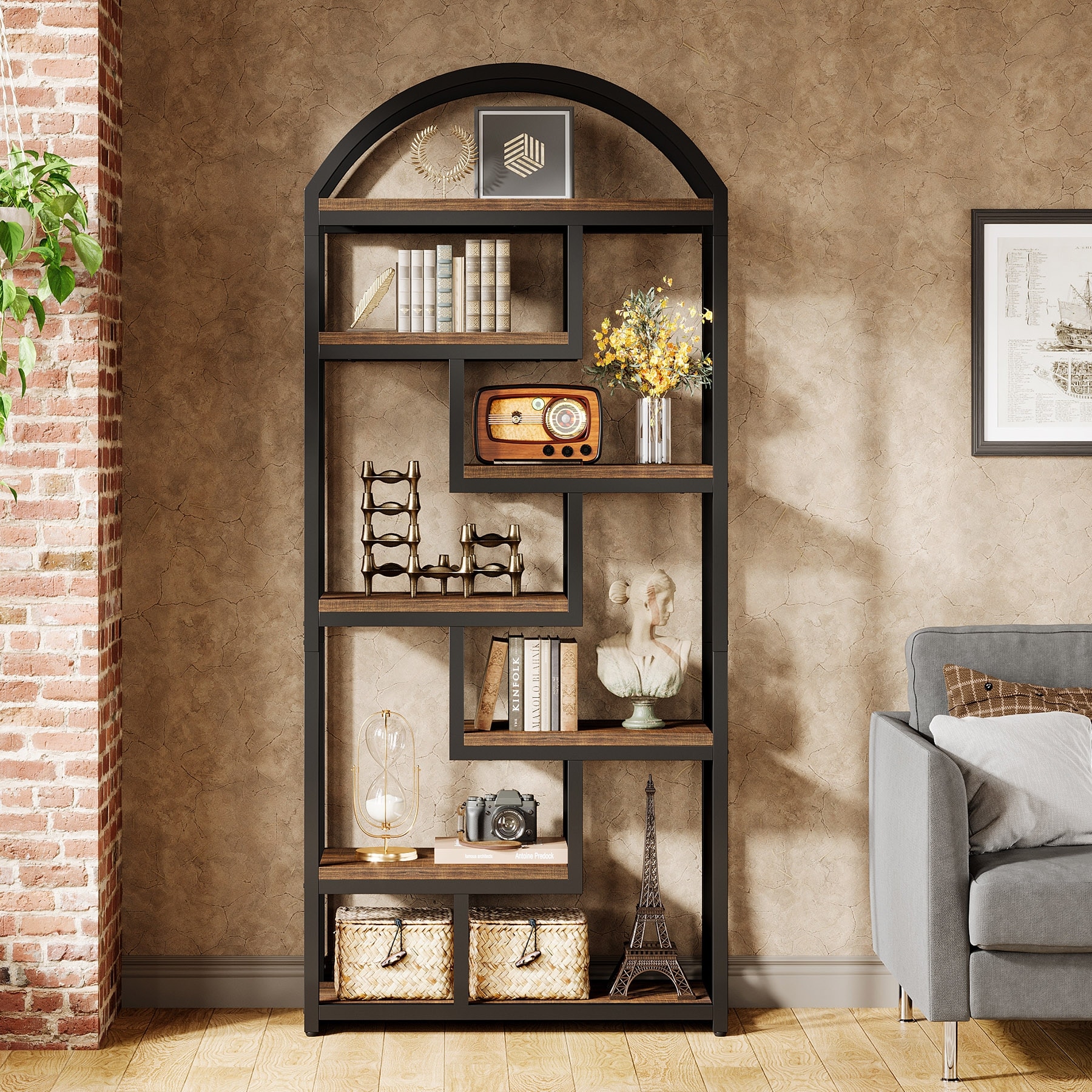 7-Shelf Industrial Bookshelf, 71" Tall Arched Bookcase